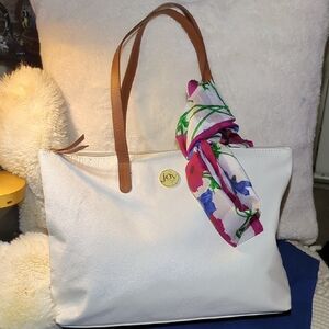 White Leather Joy Mangano Tote Bag / Brown Handles & Floral Scarf NOW ONLY $35